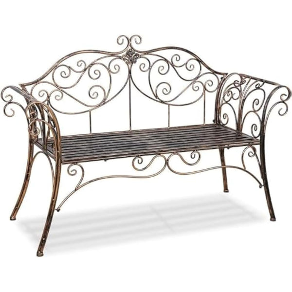 HLC Metal Antique Garden Benches Clearance Outdoor wrought iron Bench 2 Seat with Decorative Cast Iron Backrest Iron Cast Aluminium Bench for Garden,Patio, Porch and Yard Max 250kg (Brown)