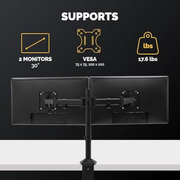 Fellowes Dual Monitor Arm - Reflex Monitor Mount for 8KG 30 inch Screens - Ergonomic Adjustable Monitor Arm Desk Mount - Tilt 45° Swivel 180° Rotation 360°, VESA 75 x 75/100 x 100 - Black