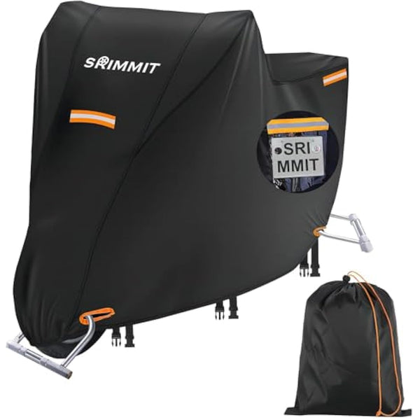 Motorcycle Cover Heavy Duty, 420D Universal Motorbike Covers, Sun,Waterproof Outdoor Protection,with License Plate Window, 4 Reflective Strips, Lock-Holes Storage Bag(L 86" x 37" x 43")