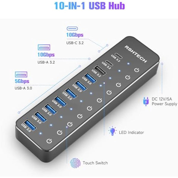 RSHTECH Powered USB-C Hub 3.2, 10-Port USBC Hub with 3x 10Gbps USB 3.2 Data Ports (2C+1A), 7x USB-A 3.0 5Gbps Splitter and 12V/5A (60W) Power Adapter, RSH-ST10C