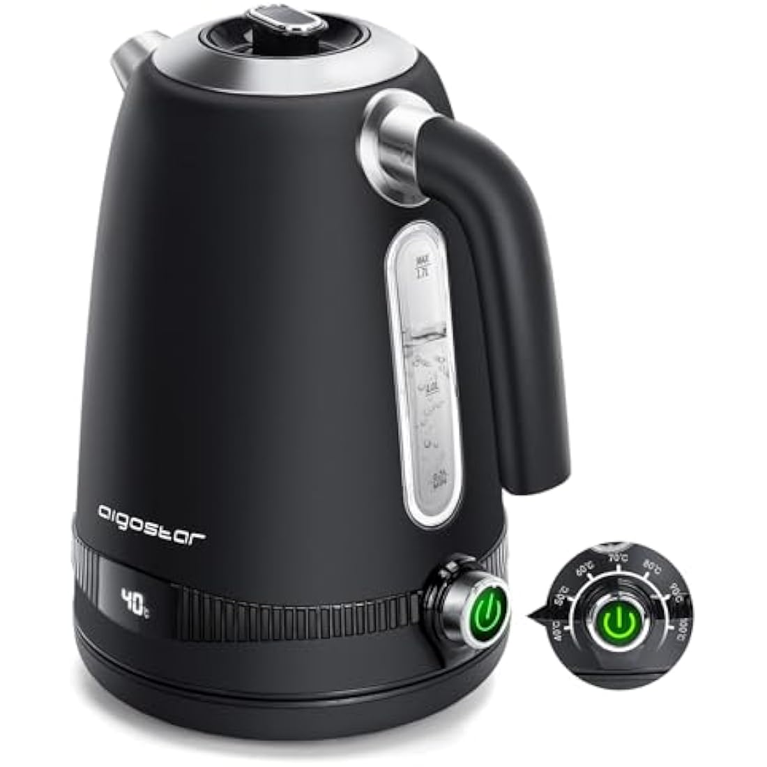 Aigostar Electric Kettle with Variable Temperature (40°C-100°C), 1.7L Digital Kettle Keep Warm, Fast Boil Smart Eco Kettle, Boil-Dry Protection, Stainless Steel, 2200W, Black - Loki