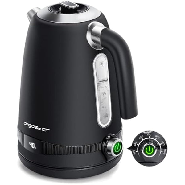 Aigostar Electric Kettle with Variable Temperature (40°C-100°C), 1.7L Digital Kettle Keep Warm, Fast Boil Smart Eco Kettle, Boil-Dry Protection, Stainless Steel, 2200W, Black - Loki