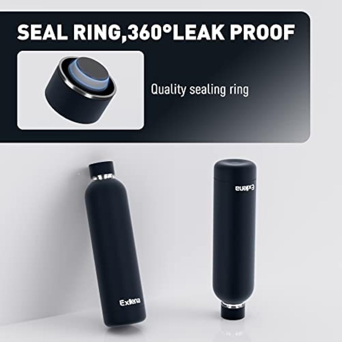 Exllena Insulated Black Water Bottles 1l with Clip, Double Wall Vacuum Drinks Bottle Keeps Drinks Cold 24 Hrs/Hot 12 Hrs, Stainless Steel Water Bottle BPA Free