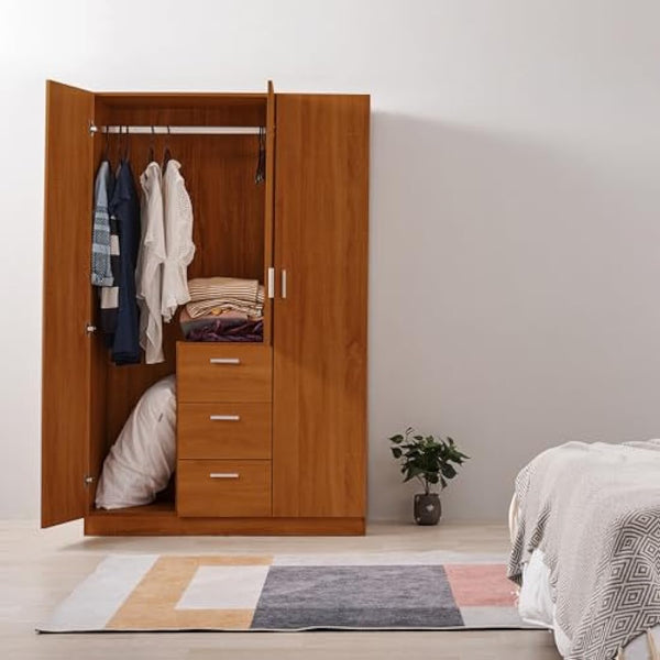 3 Door 3 Drawer Wardrobe, Modern Solid Pine Wood Wardrobe with Hanging Rail Living Bedroom Furniture (Oak)