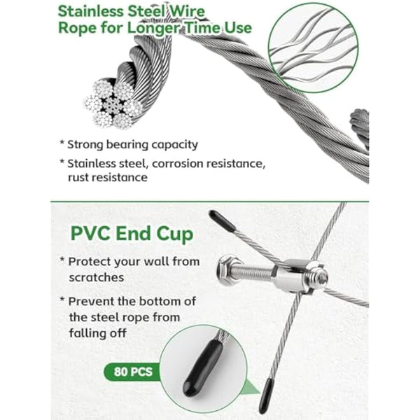 Kalolary Garden Wire Trellis for Climbing Plants, 30M Stainless Steel Heavy Duty Wire Trellis Kit Wall Plant Climbing Steel Wire Rope Cross Clamp Cable Trellis System Kit for Flower Vines Vegetable