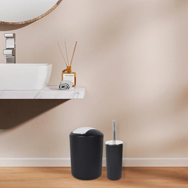 FEILANDUO Bathroom Accessories Sets Complete, 8 Pcs Bathroom Accessory Set with Trash Can, Soap Dispenser, Soap Dish, Toothbrush Holder, Toothbrush Cup, Toilet Brush and Qtip Holders,Vanity Tray,Black