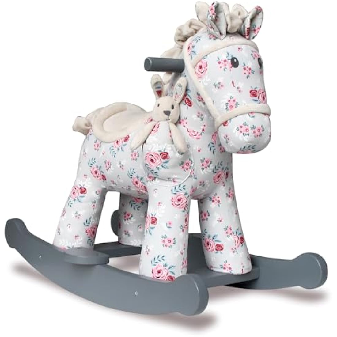 Little Bird Told Me - Lily & Rose Rocking Horse for Baby/Toddler 9+ Months Unisex - Grey & Pink Floral Printed Fabric, Solid Wooden Frame & Rockers, Removable Plush Toy - British Brand Since 2007