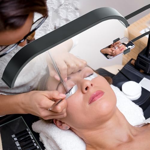 Lmaqfum Lash Light for Eyelash Extensions, 2 in 1 Half Moon Lamp with Phone Holder & 50cm Swing Arm, 7 Colours & Stepless Dimming, Esthetician Light with Wheel Stand for Eyelash Extension