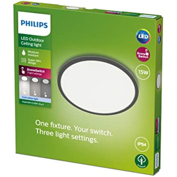 Philips LED SuperSlim Outdoor Ceiling Light 15W [Cool White - Black] Water Resistant IP54, For Garden, Patio and Terrace Lighting.