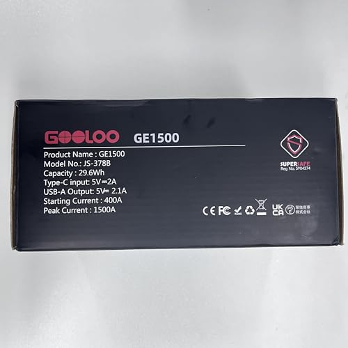 GOOLOO 1500A Jump Starter Power Pack, Car Battery Booster Jump Starter for 12V Vehicle(Up to 6.0L Gas,4.0L Diesel), Jump Pack and Jump Starters, With Smart Jumper and LED Torch