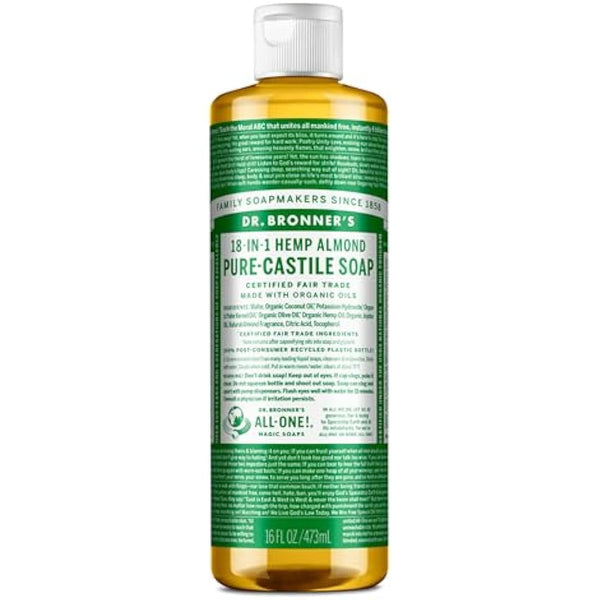 Dr Bronner's 18-in-1 Almond Pure-Castile Liquid Soap, Made with Organic Oils, Used for Face, Body, Hair, Laundry, Pets and Dishes, Certified Fair Trade & Vegan Friendly, 473ml Recycled Bottle