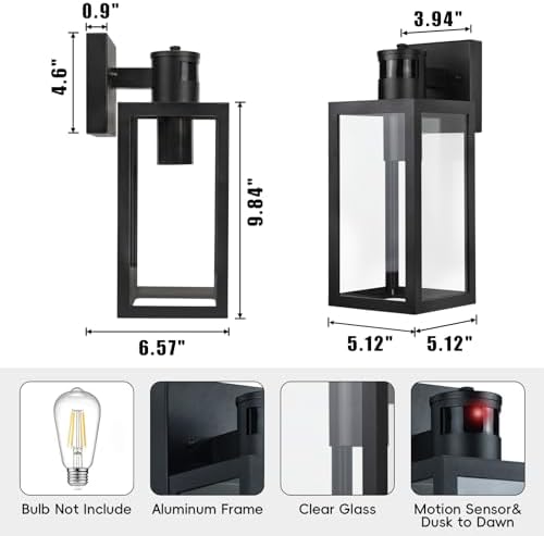 Aranzyec 2 X Motion Sensor Outdoor Wall Lights, Upgrade Dusk to Dawn Wall Sconce, Waterproof Porch Light Fixtures Wall Mount for Entryway Doorway Garage, E27 Socket, PIR Motion Activated