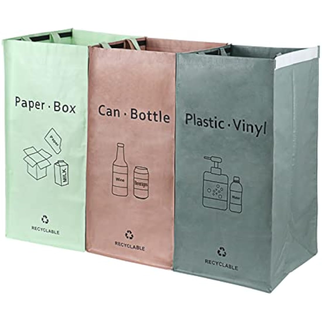 BOMEI PACK 3 Packs Recycling Bags Pink Green Gray with handle Separate Sorting Organizer Woven waste Bins bag 42 Gallon Waterproof for Kitchen Home Office Heavy Duty Reusable Storage Easy clean