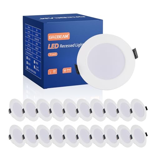 Grebeam 20 Pack LED Downlights for Ceiling 5W, 4000K Natural White, 450LM, IP44, LED Recessed Ceiling Lights, Cutout 75mm-90mm, Ultra Slim 25mm,