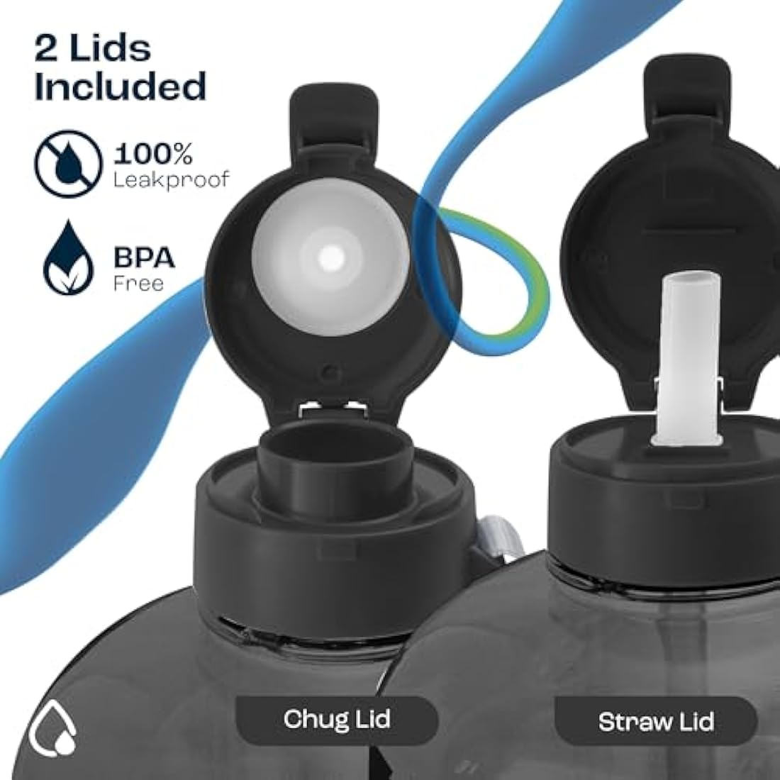 AQUAFIT 4 Litre Water Bottle with Straw - Water Bottle 4L with Time Marker - One Gallon Big Bottle with Straw - Large Bottle For Gym - 2 Lids, Dark Blue