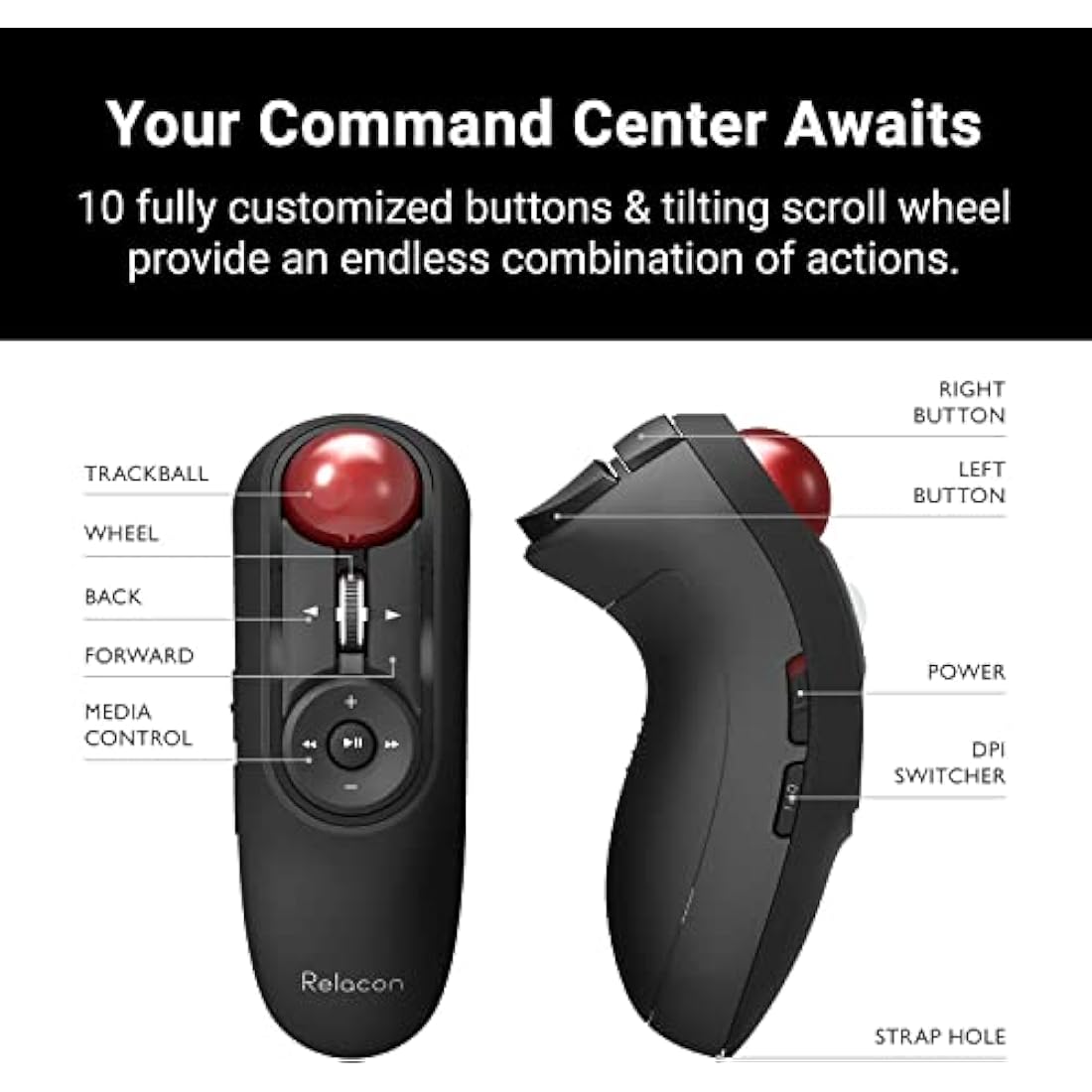 Elecom Relacon Handheld Trackball Mouse, Thumb Control, 2.4GHz Wireless, Ergonomic Design, 10-Button Function, Windows11, MacOS (M-RT1DRBK)