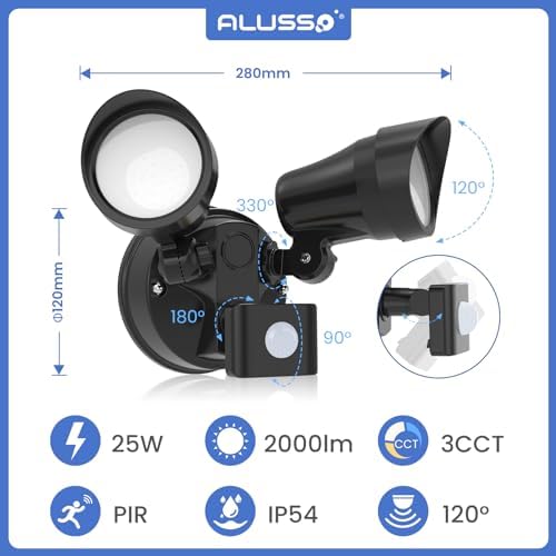 ALUSSO LIGHTING 25W LED Security Lights with Motion Sensor Outdoor 2000lm, Warm Neutral Cool White Adjustable Double PIR Sensor Wall Light IP54 Waterproof for Garden Yard Porch