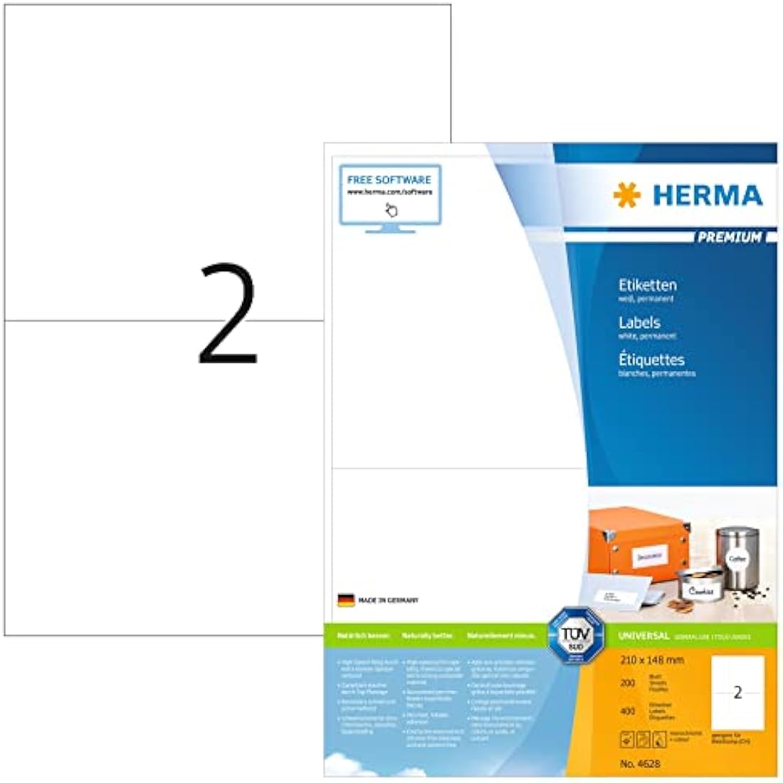 HERMA Self Adhesive Shipping Labels, 2 Labels per A4 Sheet, 200 Sheets, 210 x 148 mm, 400 Labels, Blank Parcel Labels Stickers, Sticky Labels for Laser & Inkjet Printer, White