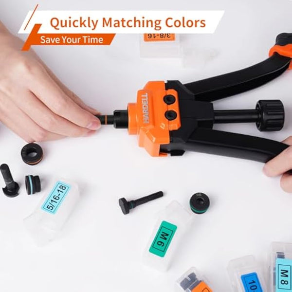 HARDELL Rivet Nut Tool, 14" Rivnut Tool with 100 Pcs Rivet Nuts and 7 Metric & Inch Mandrels M6 M8 M10, 1/4-20, 5/16-18, 3/8-16, 10-24 and Rugged Carrying Case