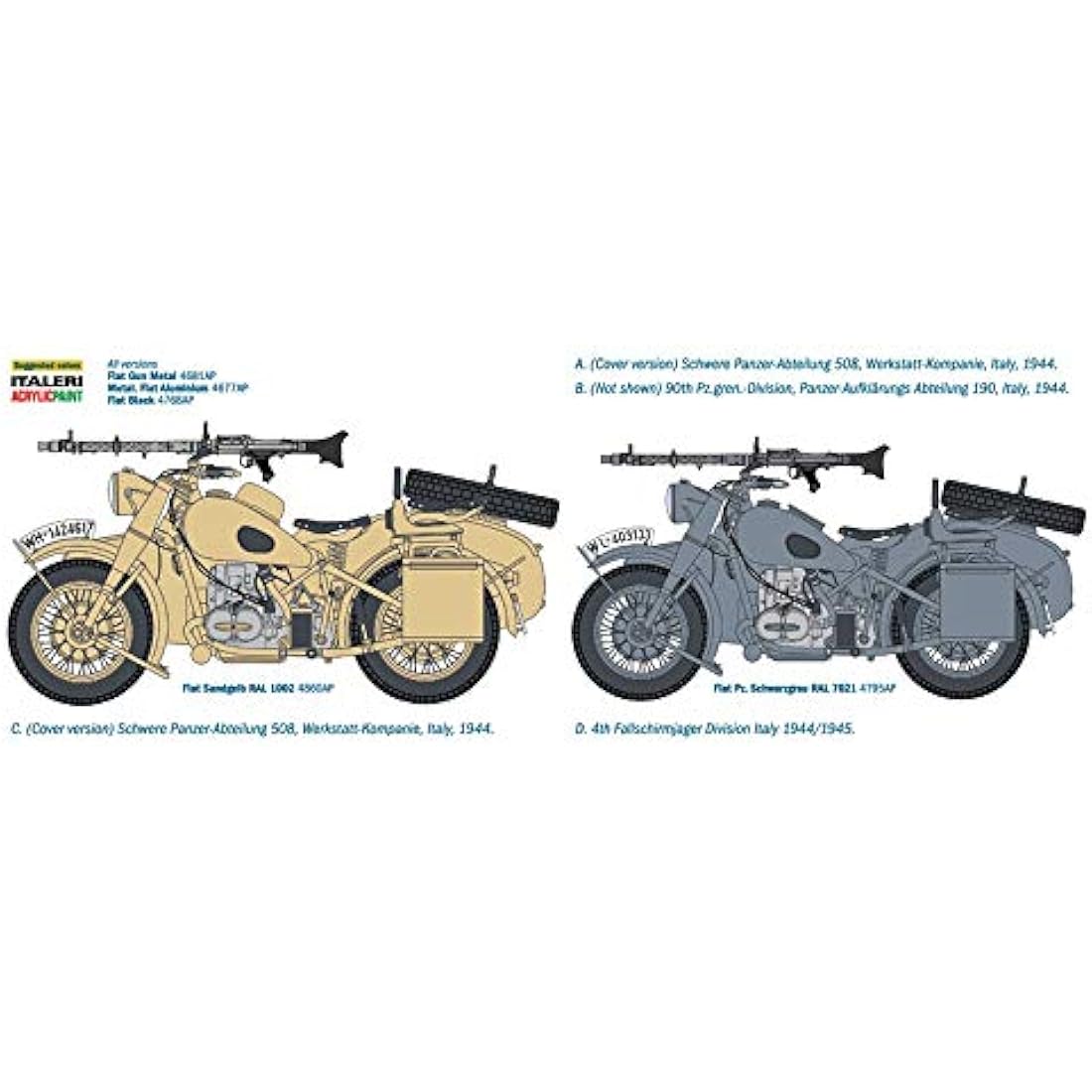 Italeri 7403 German Military Motorcycle with Side car, Scale 1:9. Plastic Model Kit
