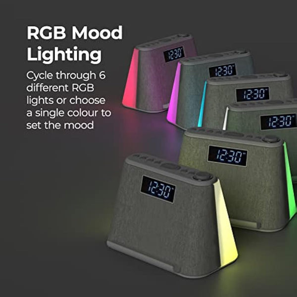 i-box Alarm Clocks Bedside, Alarm Clock with Wireless Charging, Bluetooth Speaker, FM Radio, Qi Wireless Charger, White Noise Machine, Night Light/Mood Light, USB Port, Dimmable, Non Ticking