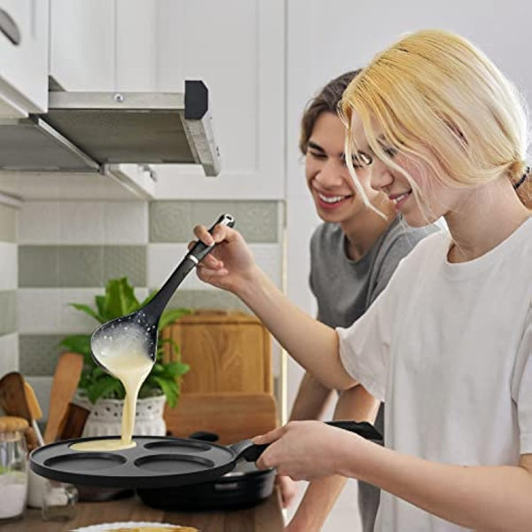 Joejis 4 Hole Pancake Pan 26cm - Non Stick and Induction Suitable - Mini Egg Crepe Tadka Pan - Lightweight Cast Aluminium - Pancake Frying Pan - Black