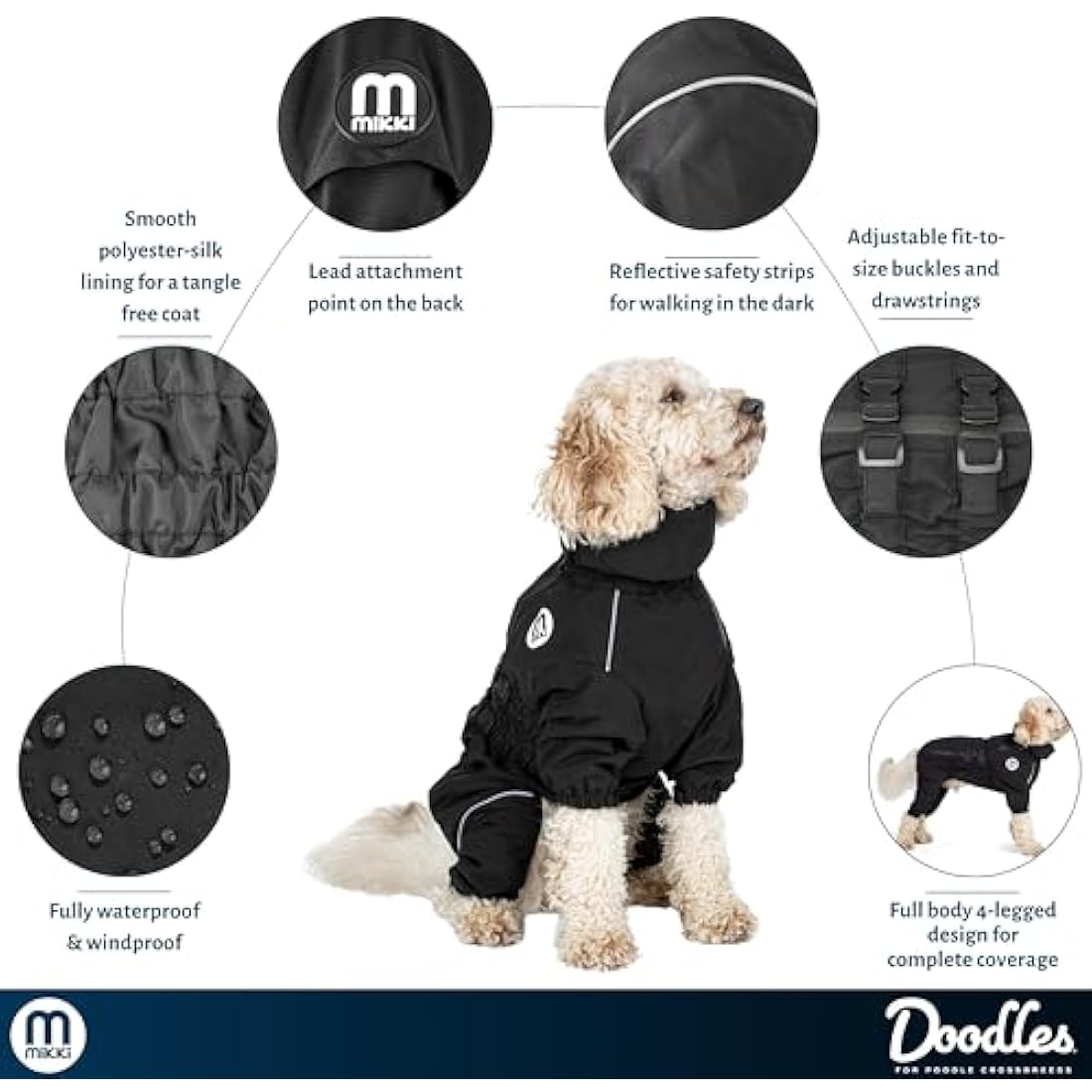 Mikki Doodles Dog Raincoat, Waterproof, Windproof, Silky Lining, Less Friction Means Less Knots & Tangles, Size Medium c