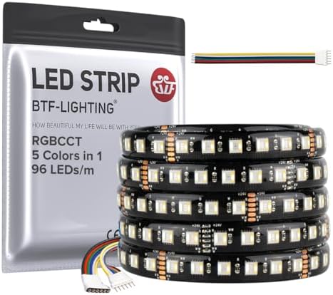 BTF-LIGHTING RGBCCT 5 Colors in 1 5050SMD LED Strip DC24V 5M 96LEDs/m 480LEDs RGB+Warm White+Cold White Black PCB IP65 Waterproof for Room Kitchen Decoration(Controller and Power Supply Not Included)