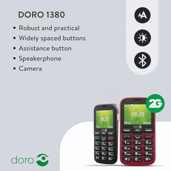 Doro 1380 Unlocked 2G Network ONLY Dual SIM Mobile Phone for Seniors with 2.4" Display, Camera and Assistance Button [UK and Irish Version] (Red)