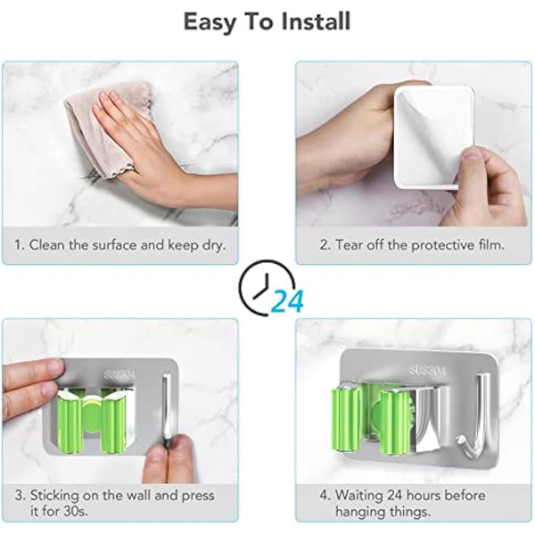 homeasy Mop Broom Holder, 4 Pcs Stainless Steel Self Adhesive Mop Holder Wall Mounted with Hooks Hanger Self-Adhesive Broom Holder for Bathroom, Kitchen, Office, Closet, Garden Garage (Green)