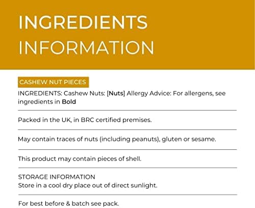 Hides Fine Foods - Cashew Nut Pieces 1kg - GMO - Free - Suitable for Vegetarians - Cooking - Salads - Snacking - Desserts - Cakes - Cookies - Breakfast