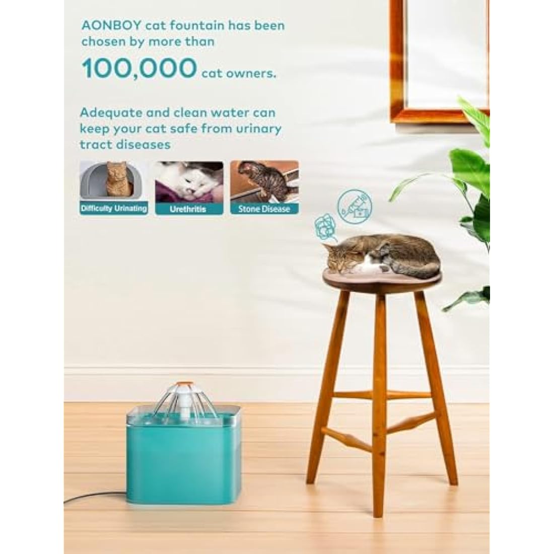 AONBOY Cat Water Fountain with 6 Filters（cyan）