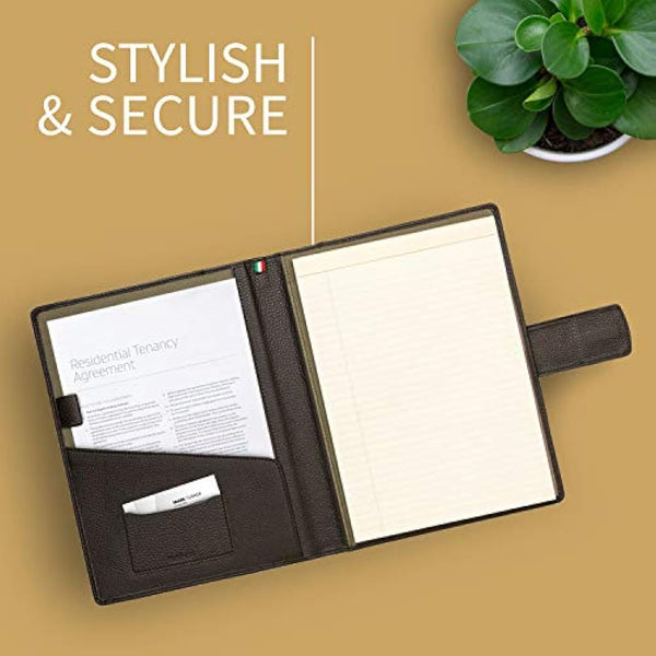 Document Holder in 100% Genuine Full Grain Hammered Leather - Handmade by Expert craftspeople - Spacious and Safe, Perfect for Meetings and Lessons - with Magnetic Closure - Dark Brown