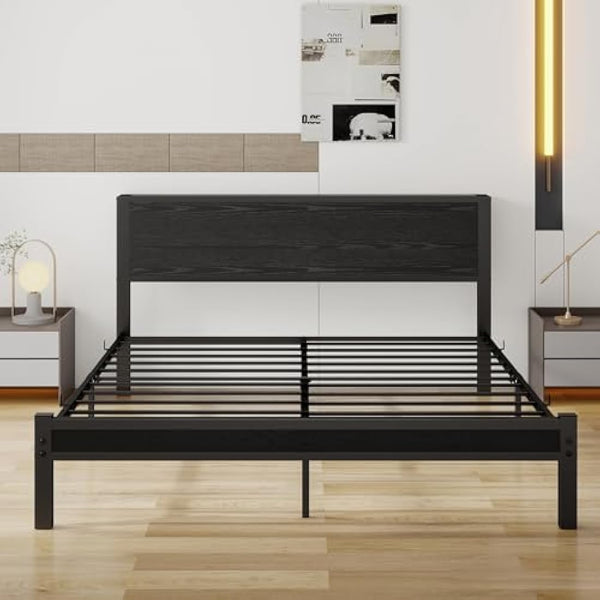 DUMEE King Size Bed Frame with Wooden Storage Headboard, Metal Bed Frame King Size Bed Base/Mattress Foundation, Enhanced Support Noise Free, Black
