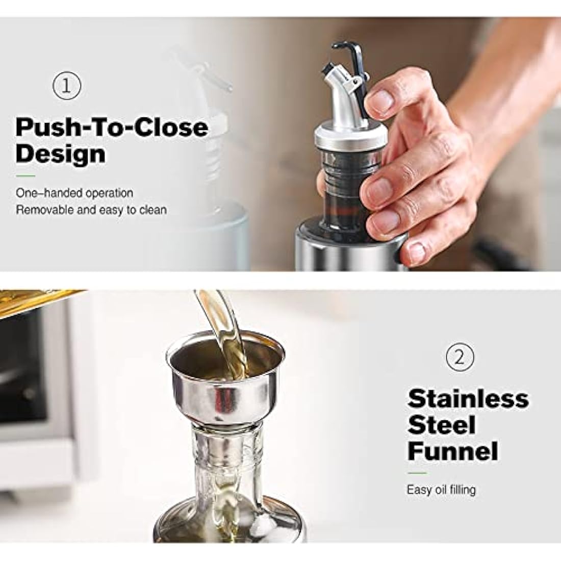 ACEWARMS Oil dispenser bottle for kitchen, Olive oil bottles with drizzlers, Vinegar bottles, 500ml 4Pack glass soy sauce bottles with lids+Stainless steel funnel (500ml 4Pack)