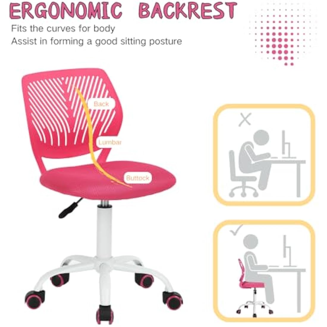 Homy Casa Desk Chair Adjustable Swivel Office Chair Fabric Seat Ergonomic Task Chair without Armrest, Pink