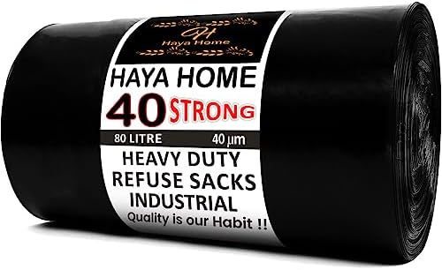 Haya Home 70L to 80L 40 Extra Strong Bin Bags Heavy Duty Bin Liners 40 μm Black Plastic Refuse Sacks large Waste Dustbin Bags for Kitchen Home Office DIY Garden from 100% Recycled Material