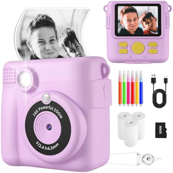 Instant Print Camera, Kids Camera Digital Camera 1080P HD Photo and Video Recording with 32G SD Card, 3 Rolls Photo Paper & Colour Pen for Age 6-12 Boys and Girls Birthday Chirstmas Gifts