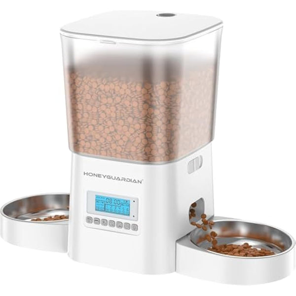 HoneyGuaridan Automatic Cat Feeders for 2 Cats, 3.5L Cat Food Dispenser with Double Bowls,Two Way Splitter Cat Feeder for Dry Food,Programmable 1-6 Meals Control, Dual Power Supply