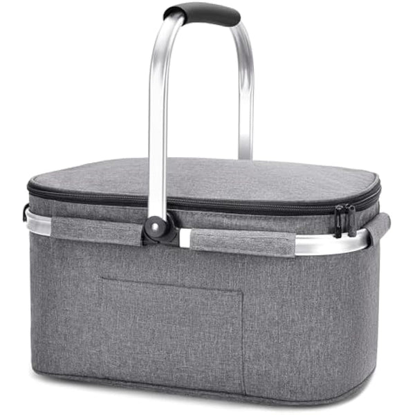 ALLCAMP Cool Bag - Insulated Shopping Basket with Lid, Ice Box Cooler,Removable Picnic Basket for 4 People, Thick Thermal Basket with Aluminum Frame (Large Gray)