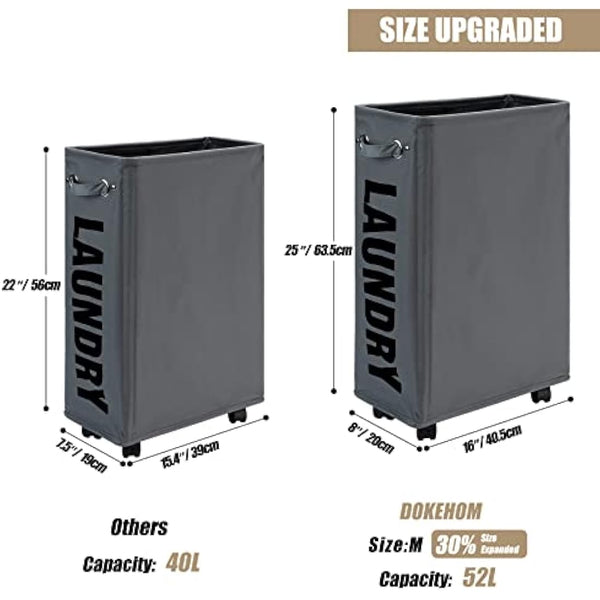 DOKEHOM 25-Inches Slim Laundry Basket on Wheels, Collapsible Rolling Laundry Hamper, Foldable Narrow Corner Clothes Storage Bins (Dark Grey)