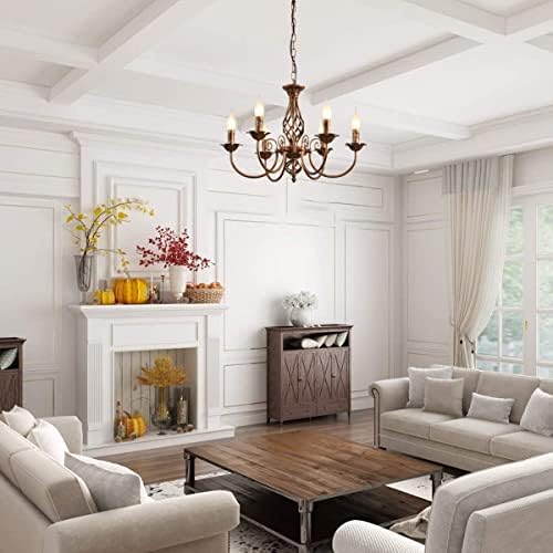 JIINOO Traditional Country Style Chandelier, Bronze Vintage Height Adjustable Wrought Iron Candlestick, 6 Lights Ceiling Lamp Farmhouse Pendant Lamp for Living Room Kitchen Dining Room