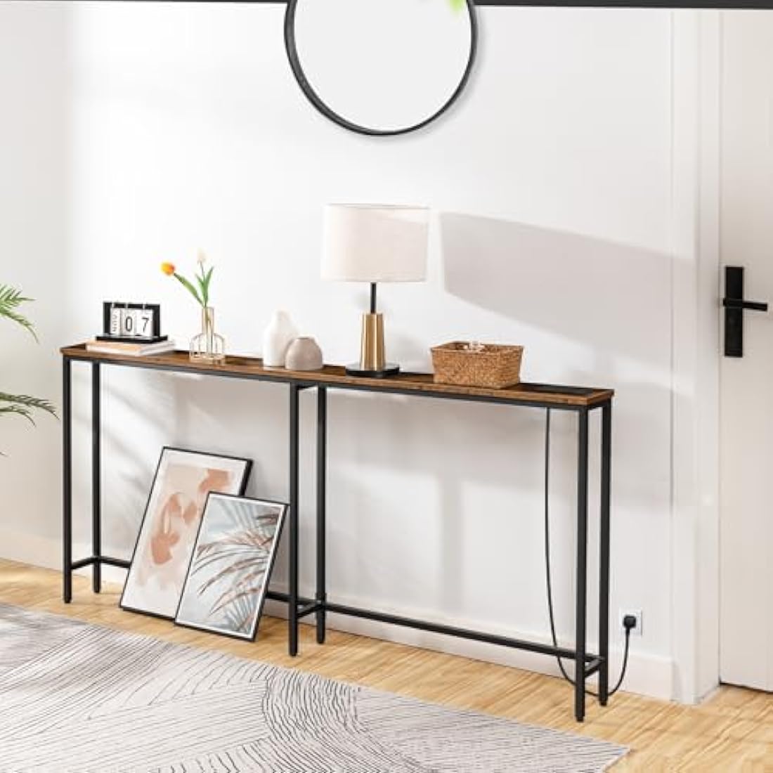 HOOBRO Slim Console Table with Charging Station, 180 cm Long Hallway Table with USB Ports, Behind Sofa Table Narrow for Hallway, Entryway, Foyer, Living Room, Rustic Brown and Black EBF185KXG01