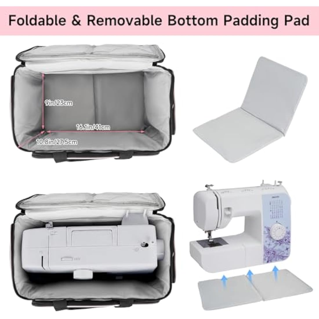 Sewing Machine Carrying Case Bag Compatible for Most Standard Singer,Brother,Janome with Multiple Storage Pockets,Universal Travel Tote Bag with Shoulder Strap for Sewing Machine and Supplies,Grey