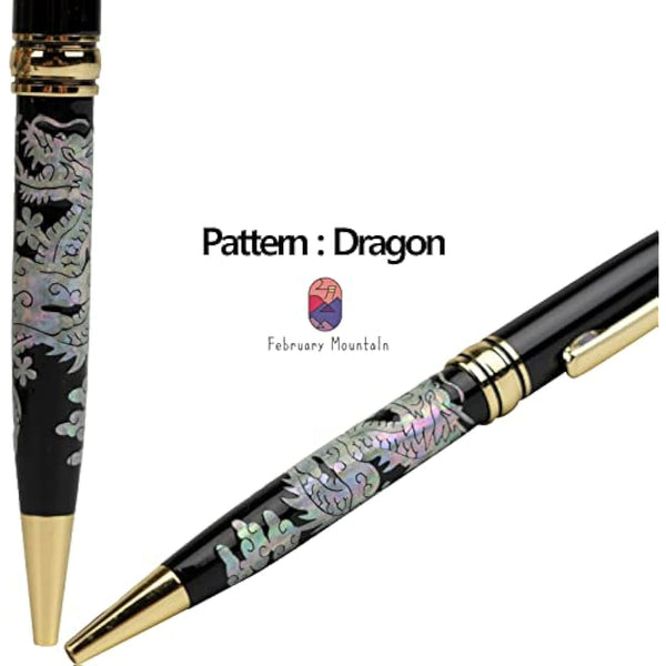 February Mountain Mother of Pearl Ballpoint Pen, Retractable Ballpoint Pens, for Gift, Business, Office, 1.0mm Medium Point Black Ink, Extras Replaceable Metal Refills (Dragon)