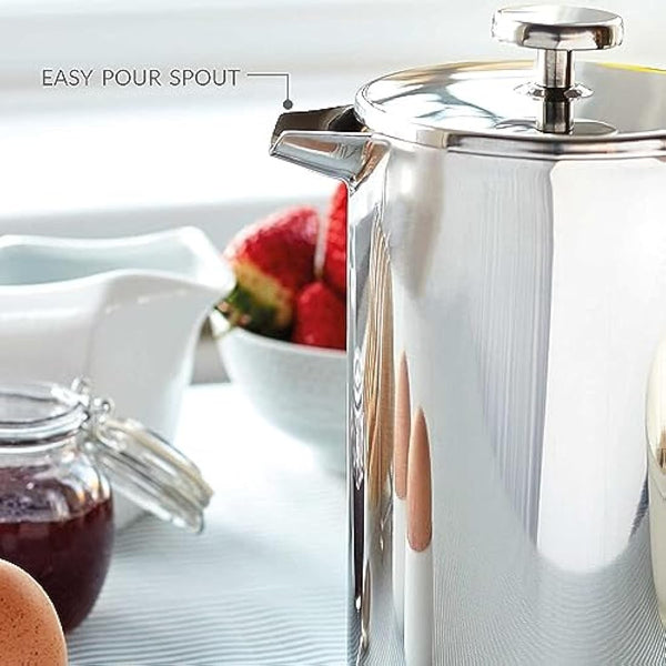 andrew james Double Walled Stainless Steel Cafetiere Gift Set With 3 Mesh Filters, Coffee Measuring Spoon And Bag Sealing Clip, Delicious French Press Coffee, Easy to Clean (1000ml, Stainless Steel)