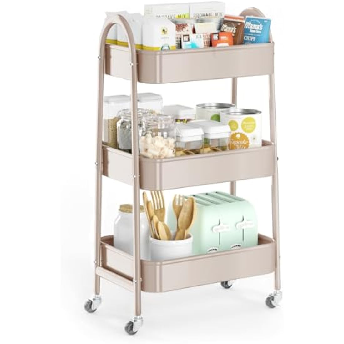 3 Tier Utility Rolling Cart, EAGMAK Metal Storage Cart with Handle and Lockable Wheels, Multifunctional Storage Organizer Trolley with Mesh Baskets for Kitchen, Living Room, Office, Garage (Beige)