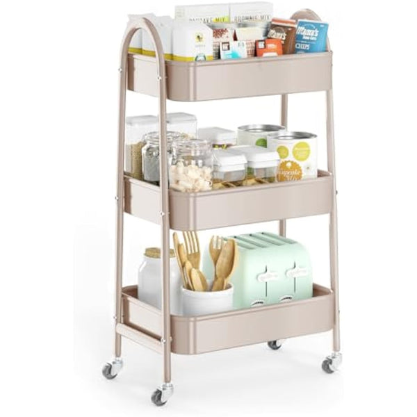 3 Tier Utility Rolling Cart, EAGMAK Metal Storage Cart with Handle and Lockable Wheels, Multifunctional Storage Organizer Trolley with Mesh Baskets for Kitchen, Living Room, Office, Garage (Beige)