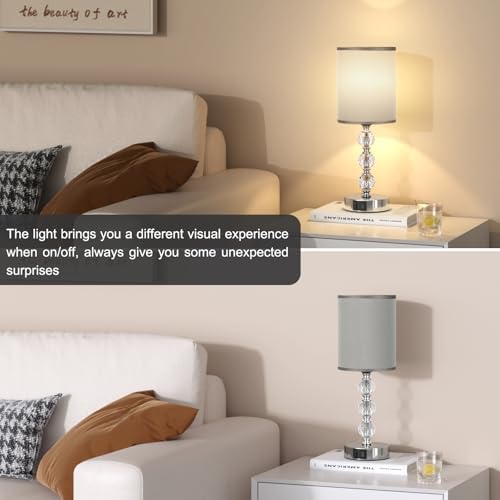 Aooshine Touch Table Lamp, Crystal Grey Bedside Lamps with 3 Way Dimmable, Small Bedside Lamp with USB C+A Charging Ports, Bedroom Lamps with Grey Fabric Shade for Living Room (LED Bulb Included)