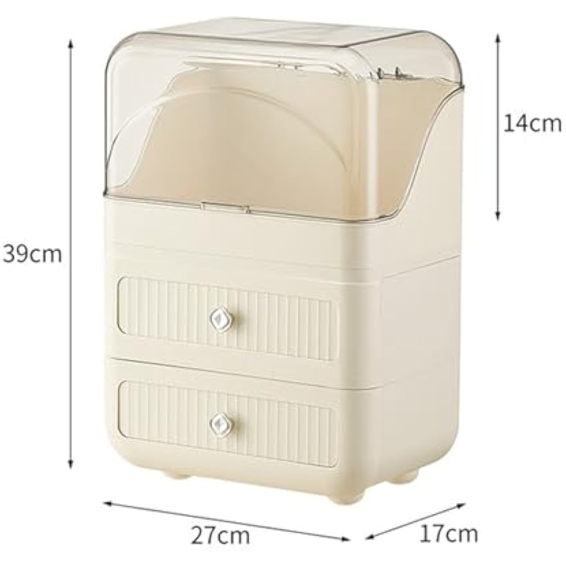RMAN Makeup Organiser, Large Capacity Makeup Storage with Clear Lid and 2 Drawers for Cosmetics, Perfumes, Skincare, Waterproof and Dustproof - Cream White